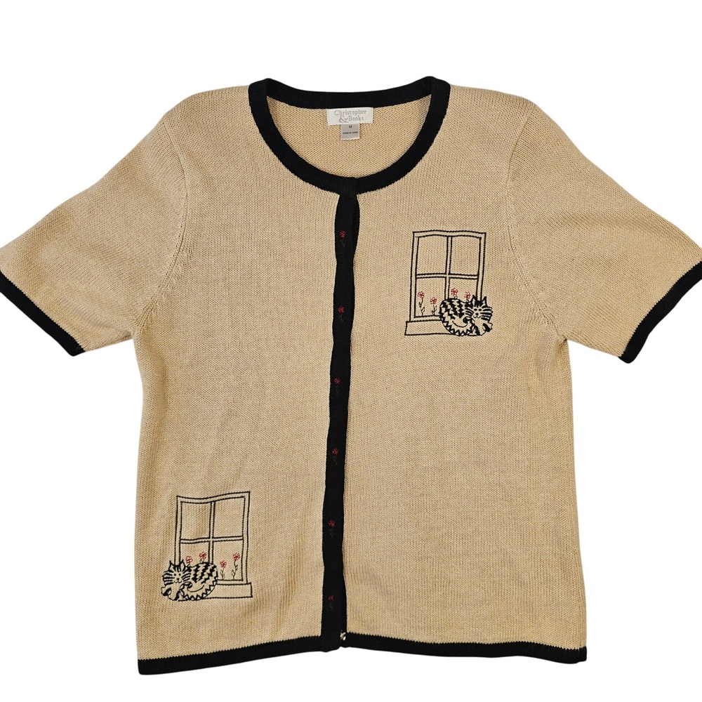Christopher & Banks Tan Black Cat Window Embroidered Short Sleeve Cardigan M